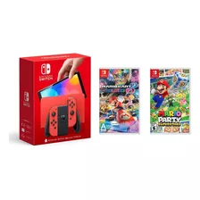 Nintendo Switch Oled 64gb Y Juegos Mariokart8, Mario Party Color Rojo
