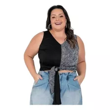 Blusa Folhagem Preta Com Amarração Plus Size