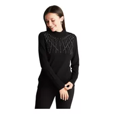 Sweater Cuello Mock Manga Larga Con Brillo Negro