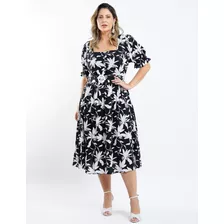 Vestido Midi Viscose Fivela Botões Preto Dona Charme