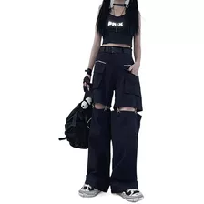 Gothic Techwear Emo Black Cargo Pantalones Mujer Punk Oversi