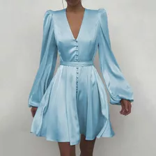 Vestido De Elegante Mujer Moda Cuello En V Manga Linterna