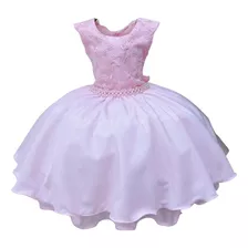 Vestido Infantil Rosa C/ Renda E Cinto Pérolas Princesas