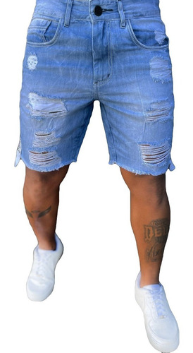 Bermuda Jeans Masculina Skinny Destroyed Faixa Lateral Lycra