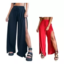 Kit 2 Calça Feminina Pantalona Com Abertura Fenda Estilosa