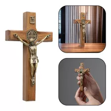 Crucifixo Parede Cristo Metal São Bento Dourado Pequeno 12cm