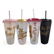 30 Vaso Reusable Personalizado Mis Xv Con Popote, Gliter