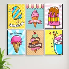 Quadros Sorvete Picolé Colorido Decoração Sorveteria 6 Peças