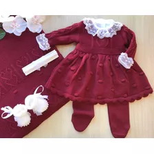 Saída Maternidade De Menina Vestido Marsala Tricô 4 Peças 