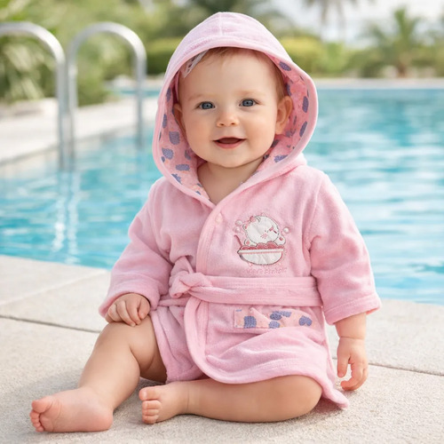 Saída De Banho Roupão Bebê Infantil Esponja C Capuz Bordado Rosa Bordado Sortido G