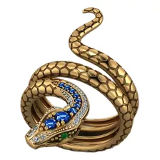 Anel Cobra Serpente Dourado Pedras Azul Ajustável