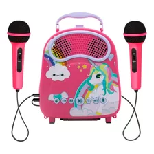 Máquina Karaokê Infantil 2 Microfones Duplas Unicórnio Vozes