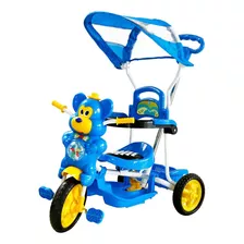 Triciclo Capota Ursinho Infantil C/ Empurrador Luzes Azul