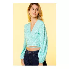 Blusa Cropped Manga Longa Xadrez Vichy Sob Verde Água