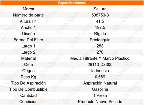 Filtro Aire Para Kia Sportage L4 2.4l 17_19 Sakura 8640396 Foto 2