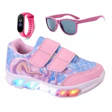 Tênis Led Feminino Sereia Velcro Luzinha + Relógio Óculos