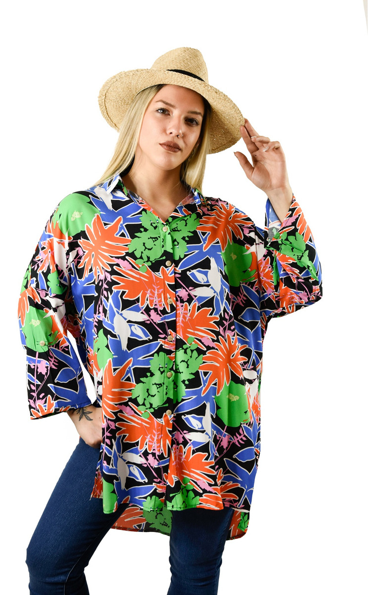 Camisa Fibrana  3/4 Estampada Flores Negro Mujer Balckmapa