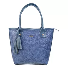 Bolso Tote De Piel Grabada Tipo Cincelada Color Azul Diseño De La Tela Soraya