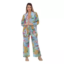 Conjunto Saida De Praia Tule Feminina Estampado Blusa E Calç