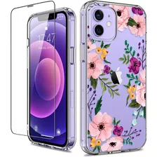 Funda Para iPhone 12 Mini 5.4 Transparente Flores + Vidrio