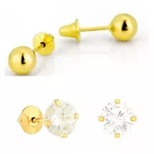 Kit 2 Pares Brinco Ouro 18k Infantil Bola 4mm + Zirconia 4mm