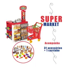 Mercadinho Infantil Completo Super Market C/ Carrinho Cor Vermelho