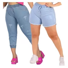 Kit Short E Calça Feminino Plus Size Combo 2 Peças Lycra Top