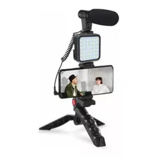 Micrófono Vlogging Kit - Trípode Y Luz Led Porta Telefono Color Negro