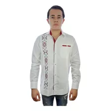 Guayabera De Lino Manga Larga Bordada Yucateca Modelo Alex