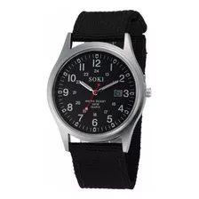Reloj Militar Acero Cuarzo Marca Soki Color Negro Lona