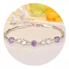 Pulsera Plata Esterlina 925 Ajustable Estrella Circon Morado Largo 19