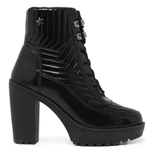 Bota Coturno Feminino Preto Brilho Salto Alto Cano Baixo