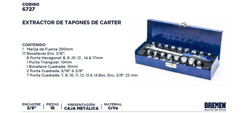 Kit Extractor Tapones Carter Bremen 18 Pz Manija Fuerza 3/8 Cod. 6727 Dgm Gris