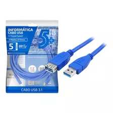 Cabo Extensor Usb 3.1 / 3.0 5m Macho X Fêmea 5gbits 5 Metros Cor Azul