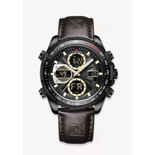 Reloj De Pulsera Naviforce Nf9197l De Cuerpo Color Negro, Analógico-digital, Para Hombre, Fondo Negro, Con Correa De Cuero Color Marrón, Agujas Color Beige Y Blanco, Dial Blanco Y Plateado Y Beige, Su