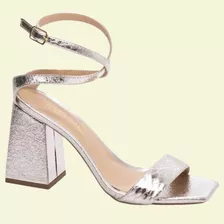 Sandália Feminina Salto Grosso Metal Prata Branco Torricella