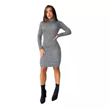 Vestido Tubinho Quadriculado Manga Longa Feminino Gola Alta