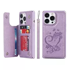 Funda Para iPhone 13 Pro Billetera Cuero Corazon Lila