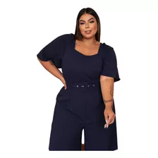 Macação Plus Size Max Pantalona Cinto Encapado Bojo Festa