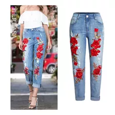 Vaqueros Rasgados Elásticos Con Bordado Floral For Mujer