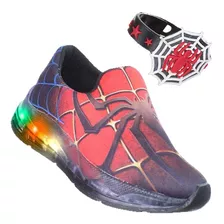 Tenis Infantil Menino Luz Led Aranha Vermelho Com Pulseira