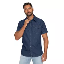 Camisa Jeans Masculina Manga Curta Botoes Bolsos