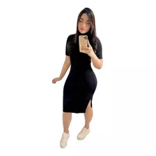 Vestido Midi Feminino Tricot Canelado Manga Curta Gola Alta