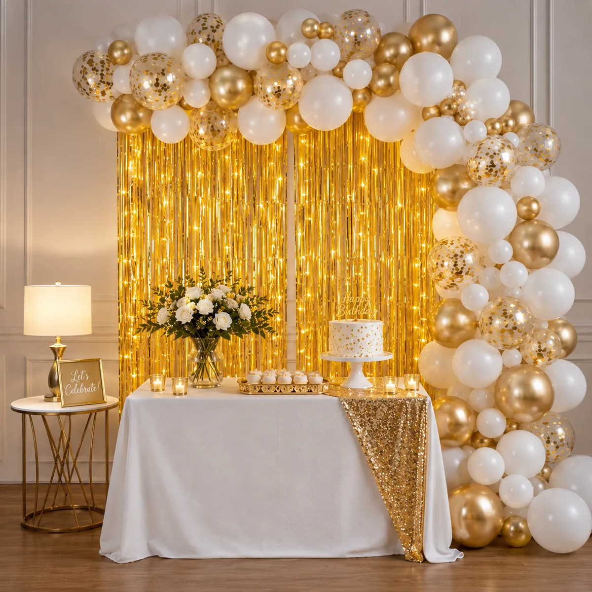 Kit Arco De Globos Blanco Dorado Cortinas + Alambre Led X10