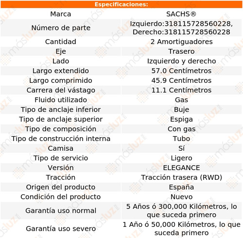 2- Amortiguadores Gas Traseros C240 2.6l V6 2001/2002 Sachs Foto 2