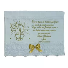 Toalha De Batizado Luxo Bordada Com Frase Com Vela E Terço