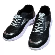 Tenis Color Negro Con Plateado Y Brillos Talla 23 