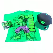 Camiseta Hulk Para Meninos + Boné Aba Reta + Carteira Mesada