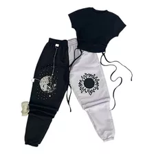 Conjunto Kit Calça Jogger Sol E Lua Preto E Branco E Cropped