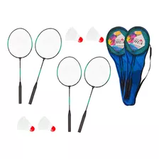 Kit 4 Raquetes Badminton + 4 Petecas + 2 Raqueteira C/ Alça